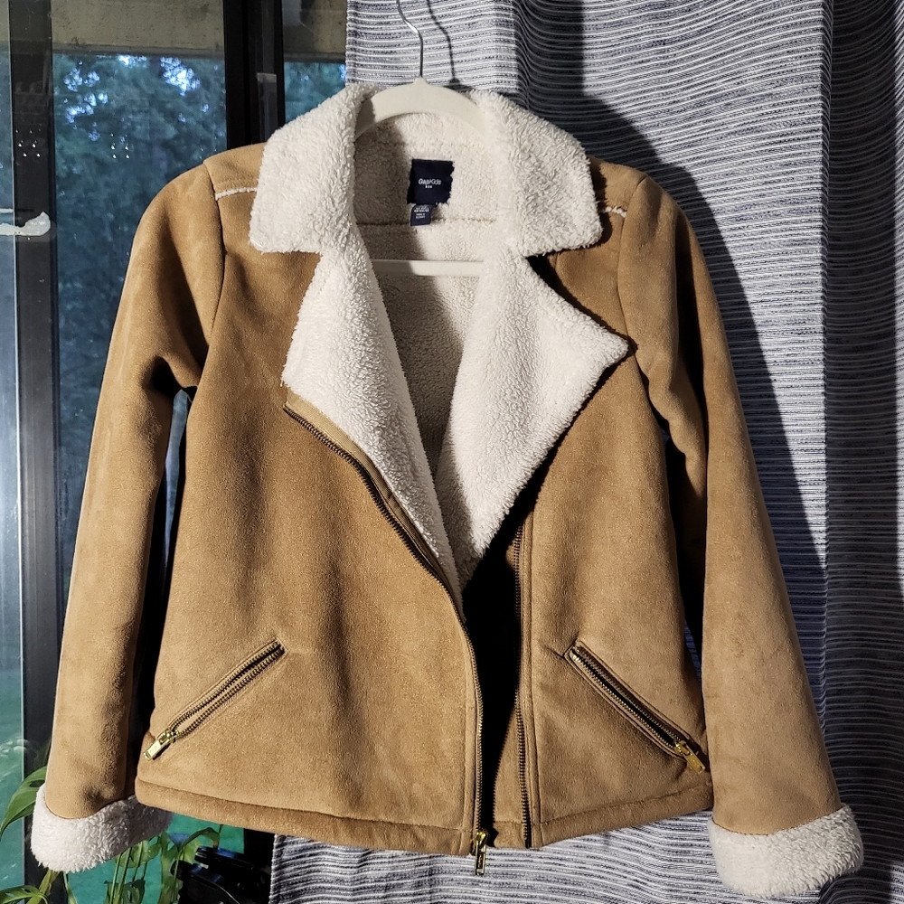 Kids XXL tan beige faux suede fur sherpa bomber moto jacket